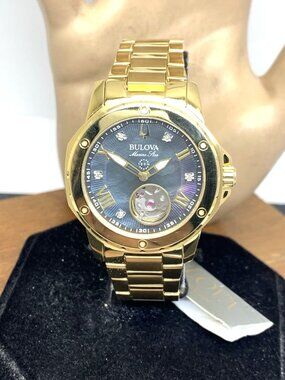 Bulova Women's Watch 97P171 Automatic Black Mother of Pearl Dial Gold Steel 35mm